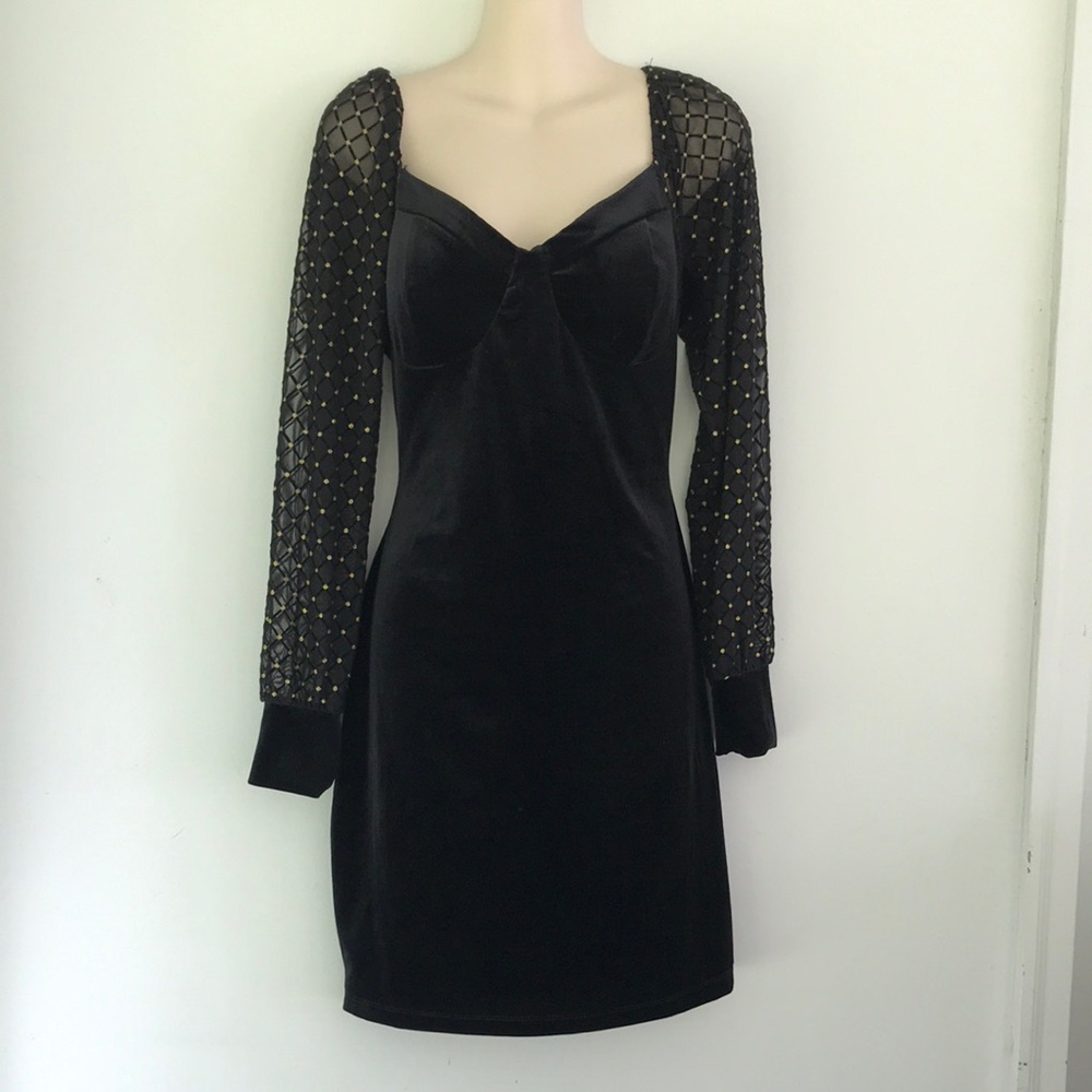 Dark Romance Whimsygoth Black Velvet Dress with Sheer Golden Dotted Sleeves L